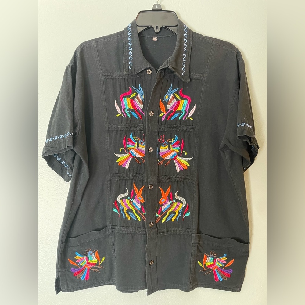 BLACK Shirt Button Guayabera Short Sleeve Otomi Colorful Embroidery Embroidered